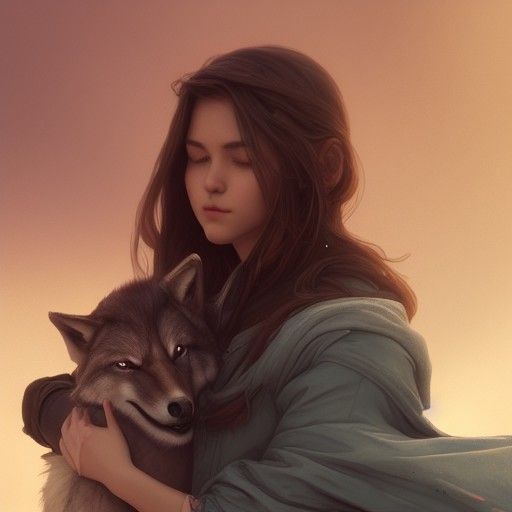 Girl and Wolf Portrait in Art Nouveau Style