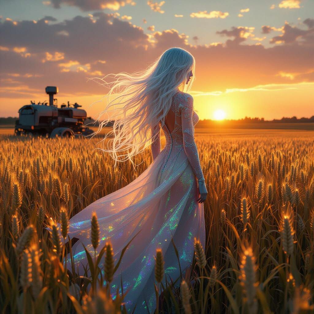 Ethereal Figure in Alien Wheat Field, Surreal Art