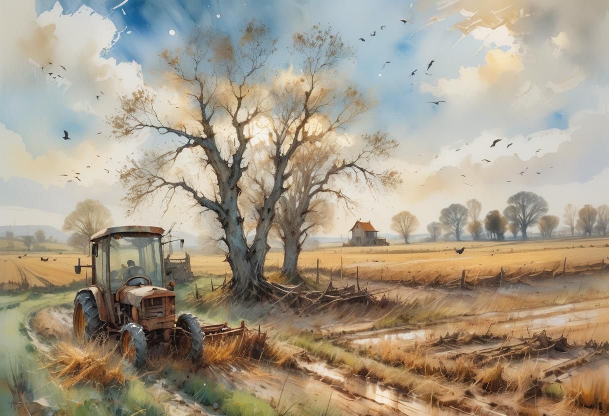 Romantic Landscape with Tractor at Golden Hour