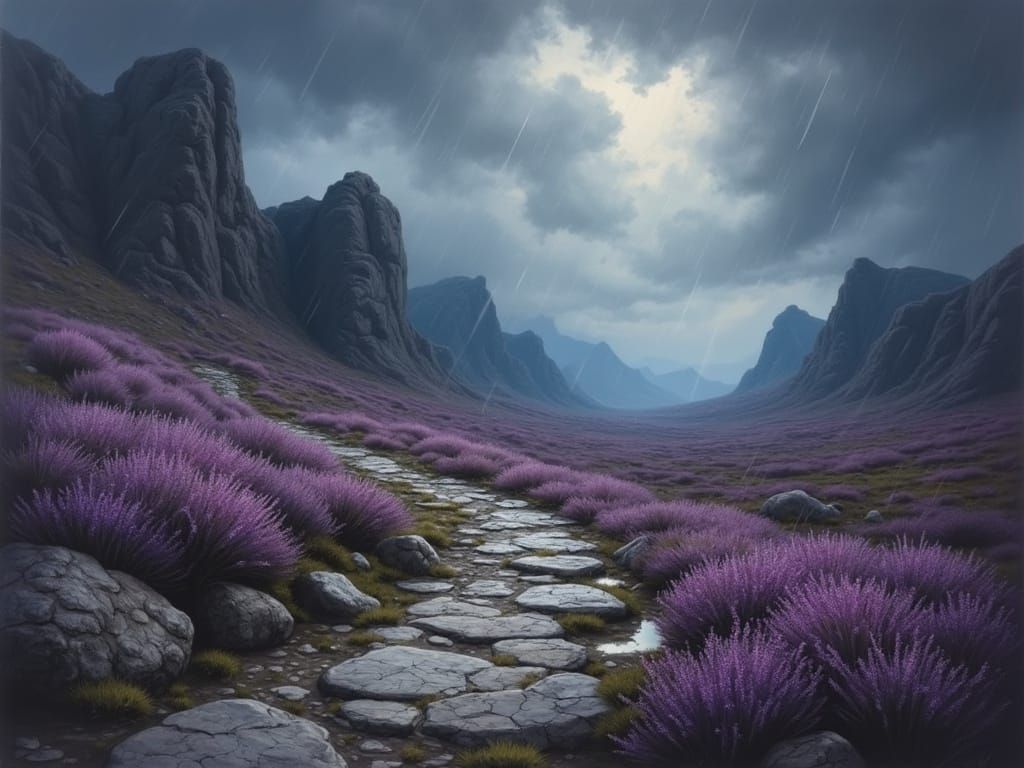 Stormy Highland Path with Impasto Textures