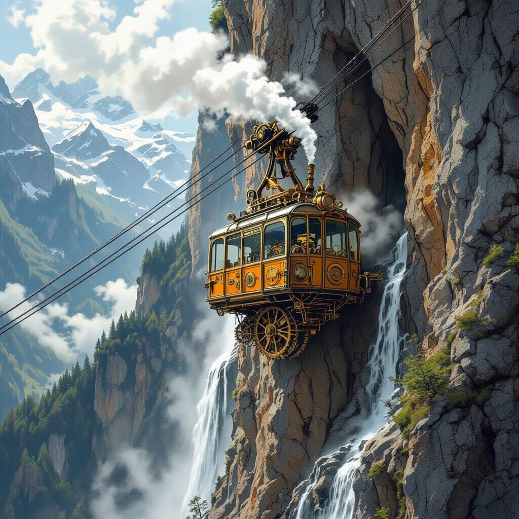 Steampunk Cable Car Climbs Swiss Alps Amidst Waterfalls