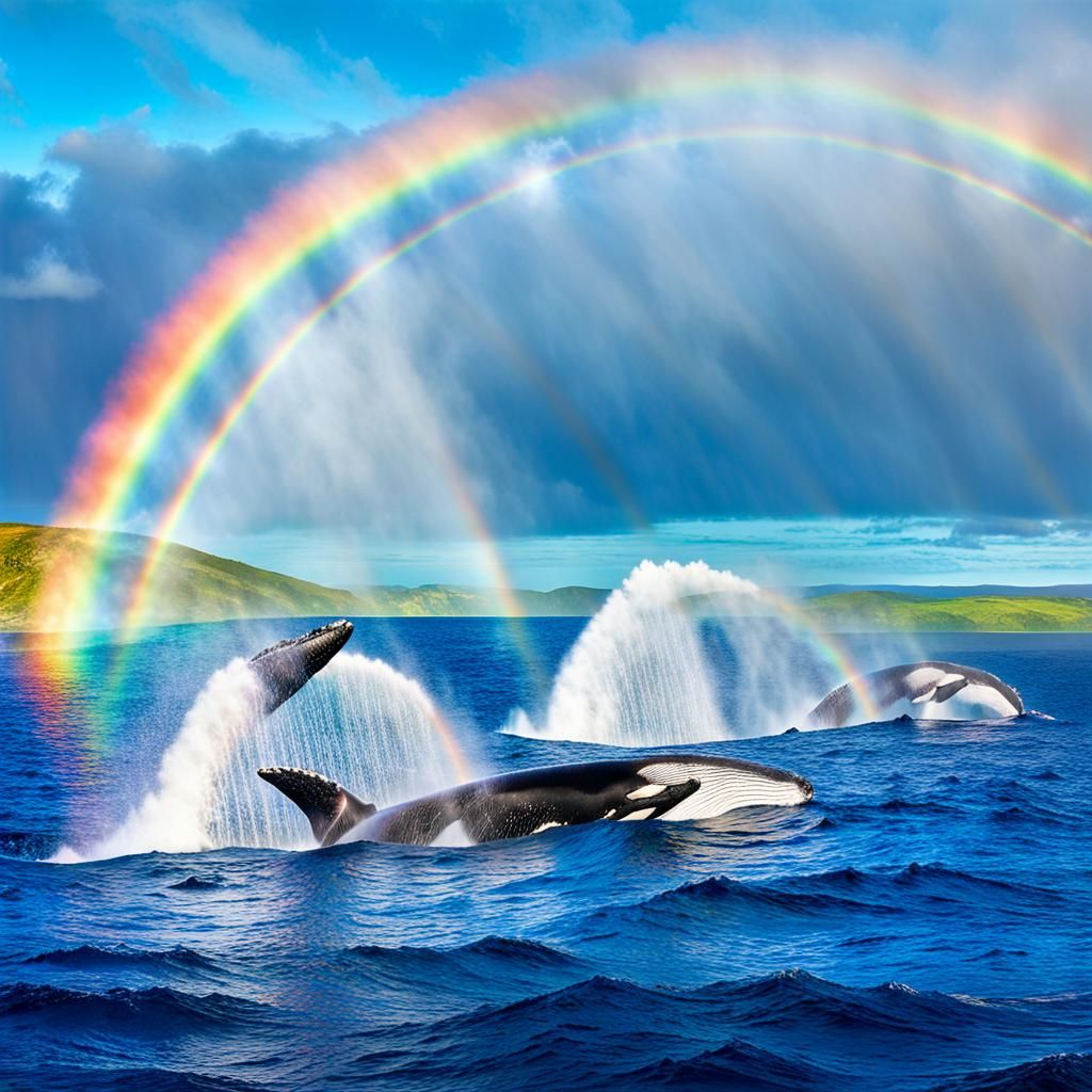 Whales Create Rainbow Arc in Vibrant Digital Art