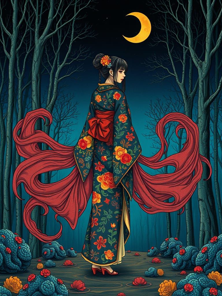 Futakuchi-onna in Mystical Forest: Psychedelic Art