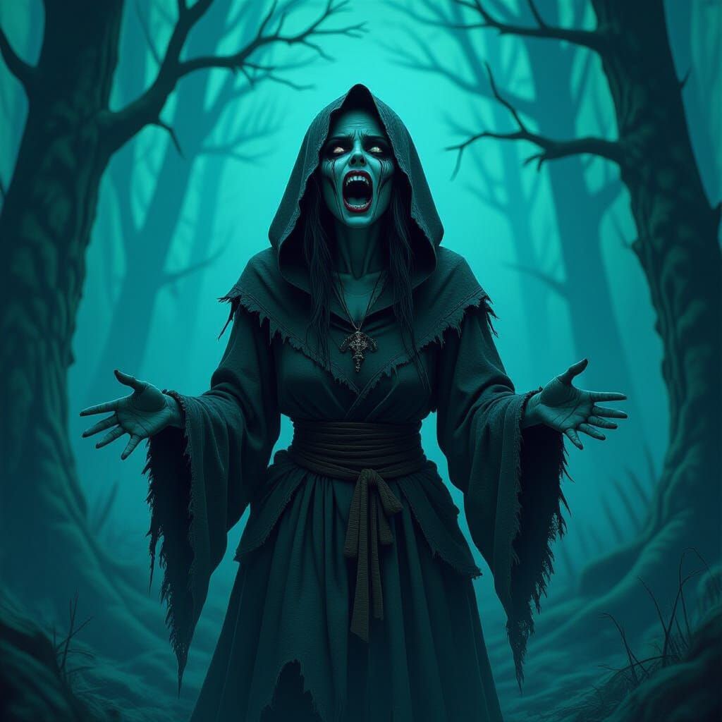 Banshee Screaming in Haunted Forest, Dark Fantasy Art