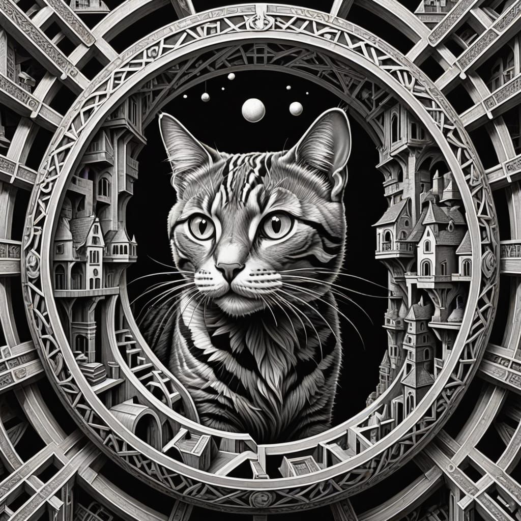 Surreal Cat Enchants with Optical Illusion in Intricate Penc...