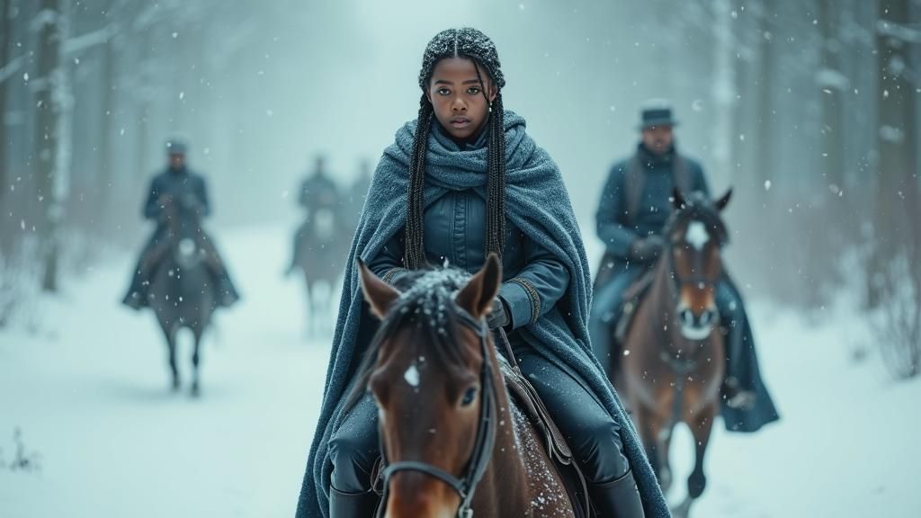 Girl Leads Snowy Ride in Dreamy, Realistic Style