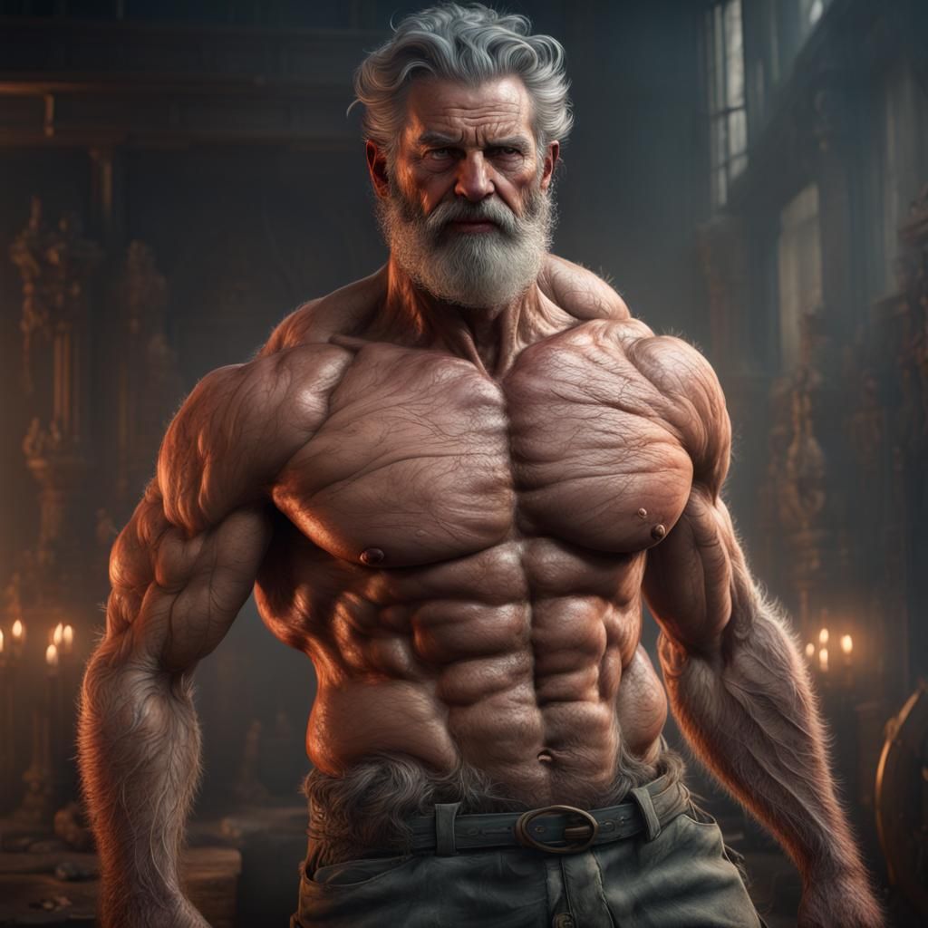 Rugged Muscular Man with Hairy Chest, Detailed Digital Art