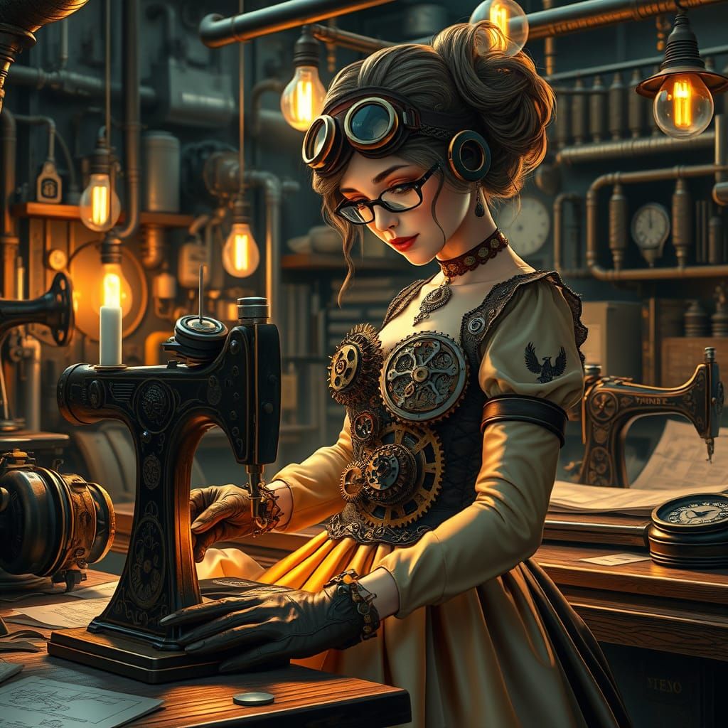 Steampunk Seamstress in Industrial Fantasy Workshop