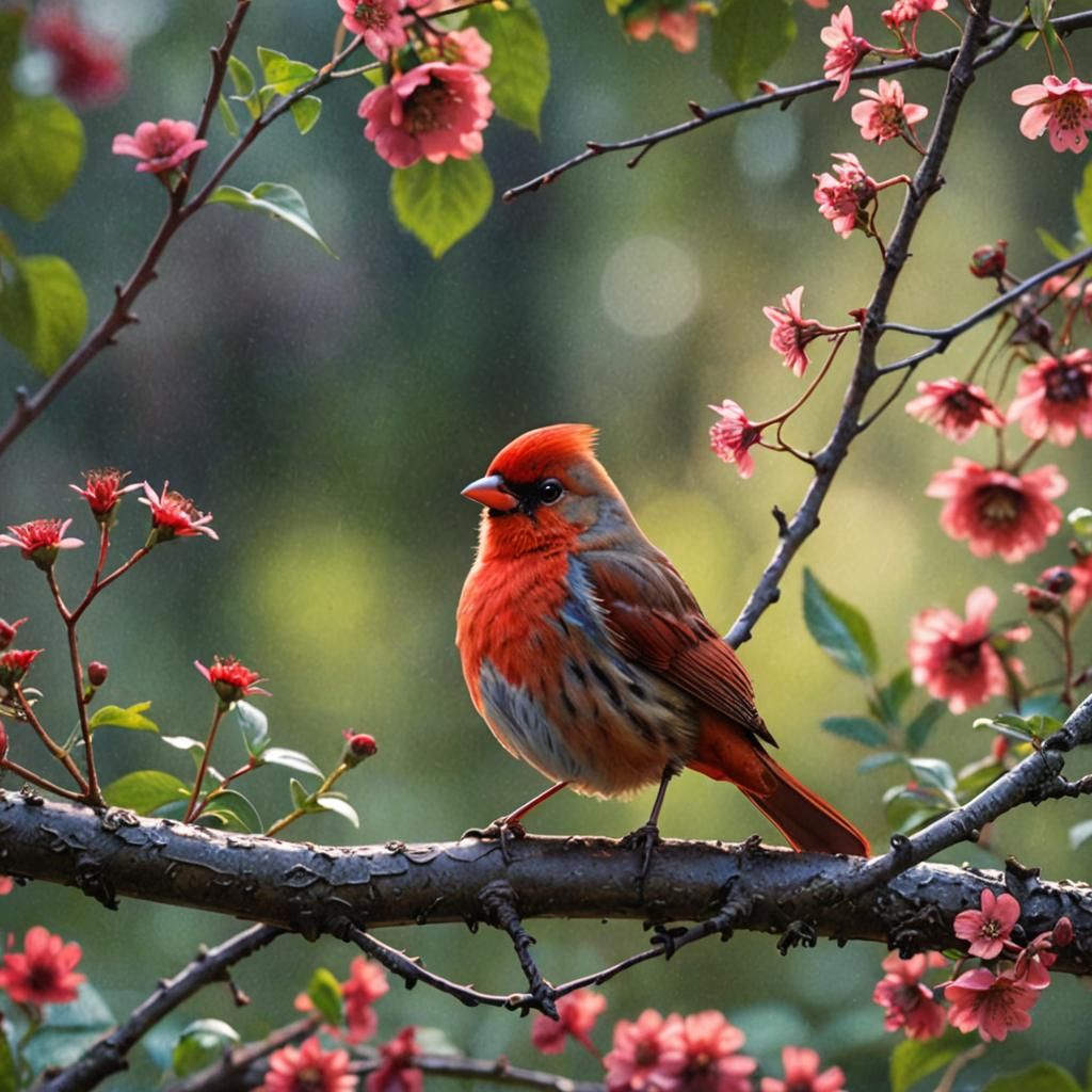 Vibrant Red Bird in a Wildflower Garden