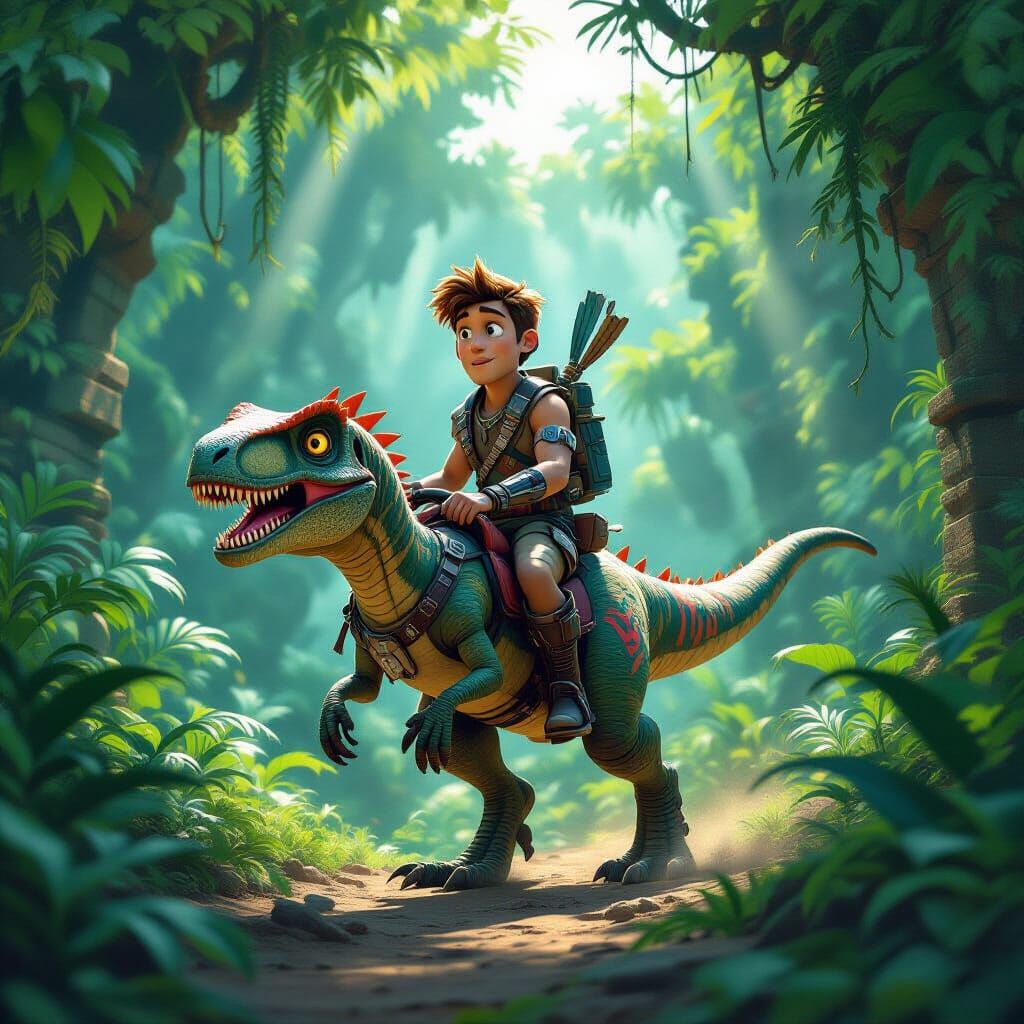 Raptor Rider in a Retro-Futuristic Jungle