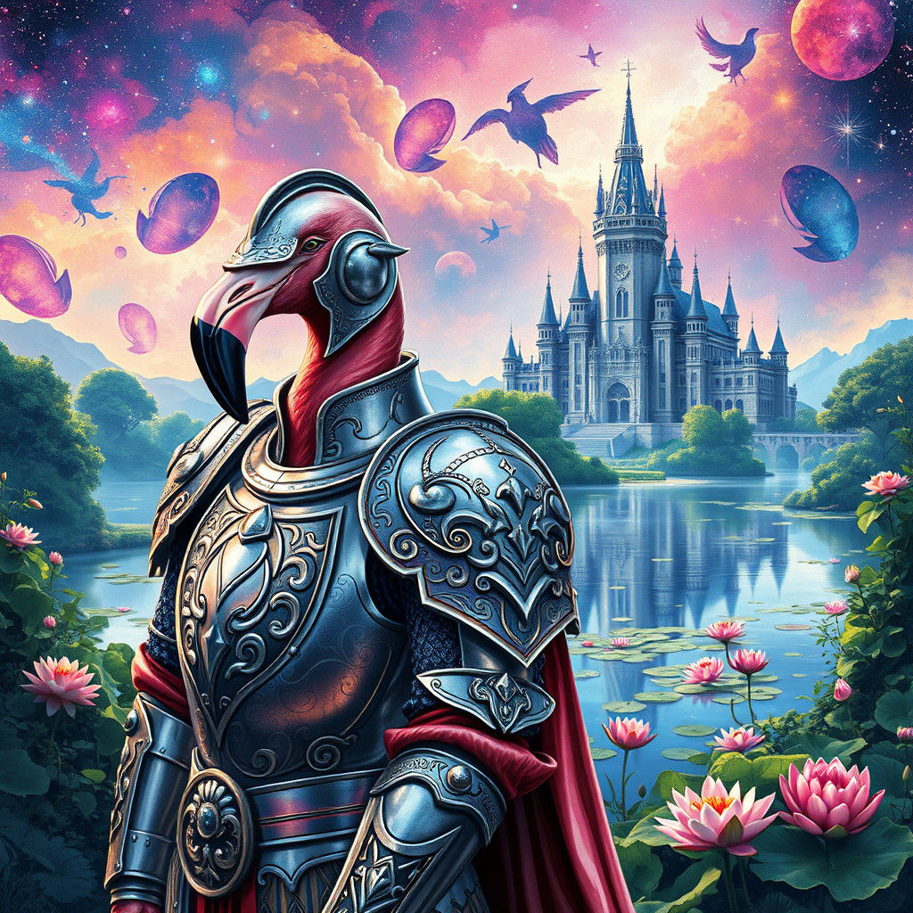 Flamingo knight wearing armor with A pond and castle in the background