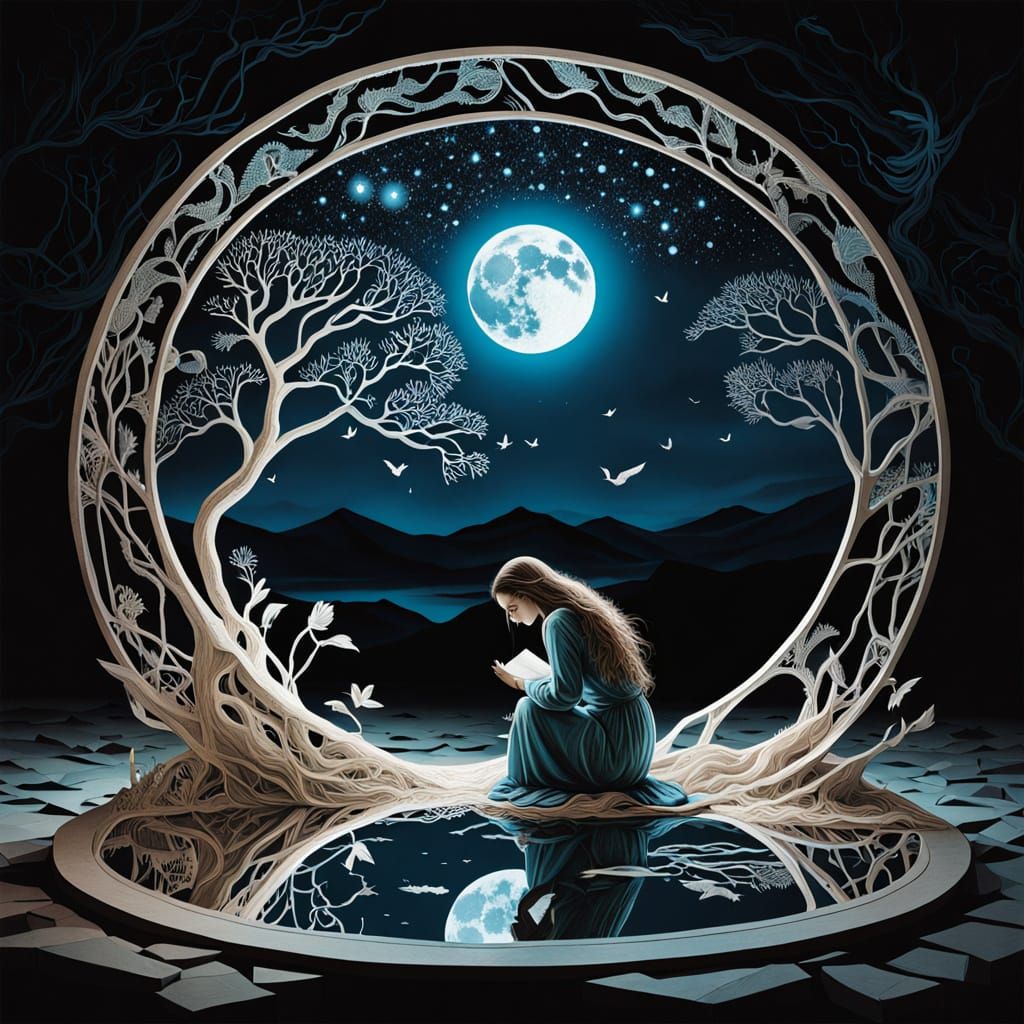 Surreal Fragmented Sculpture of Resilient Woman in Moonlit L...