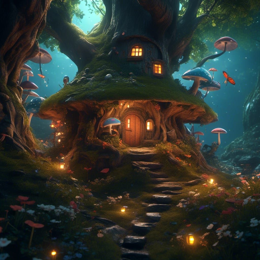 Bioluminescent Fairy Village in Hollow Tree Stump