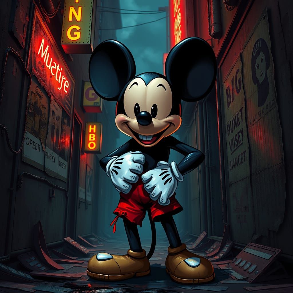 Cyberpunk Mickey Mouse in Tattered Red Shorts