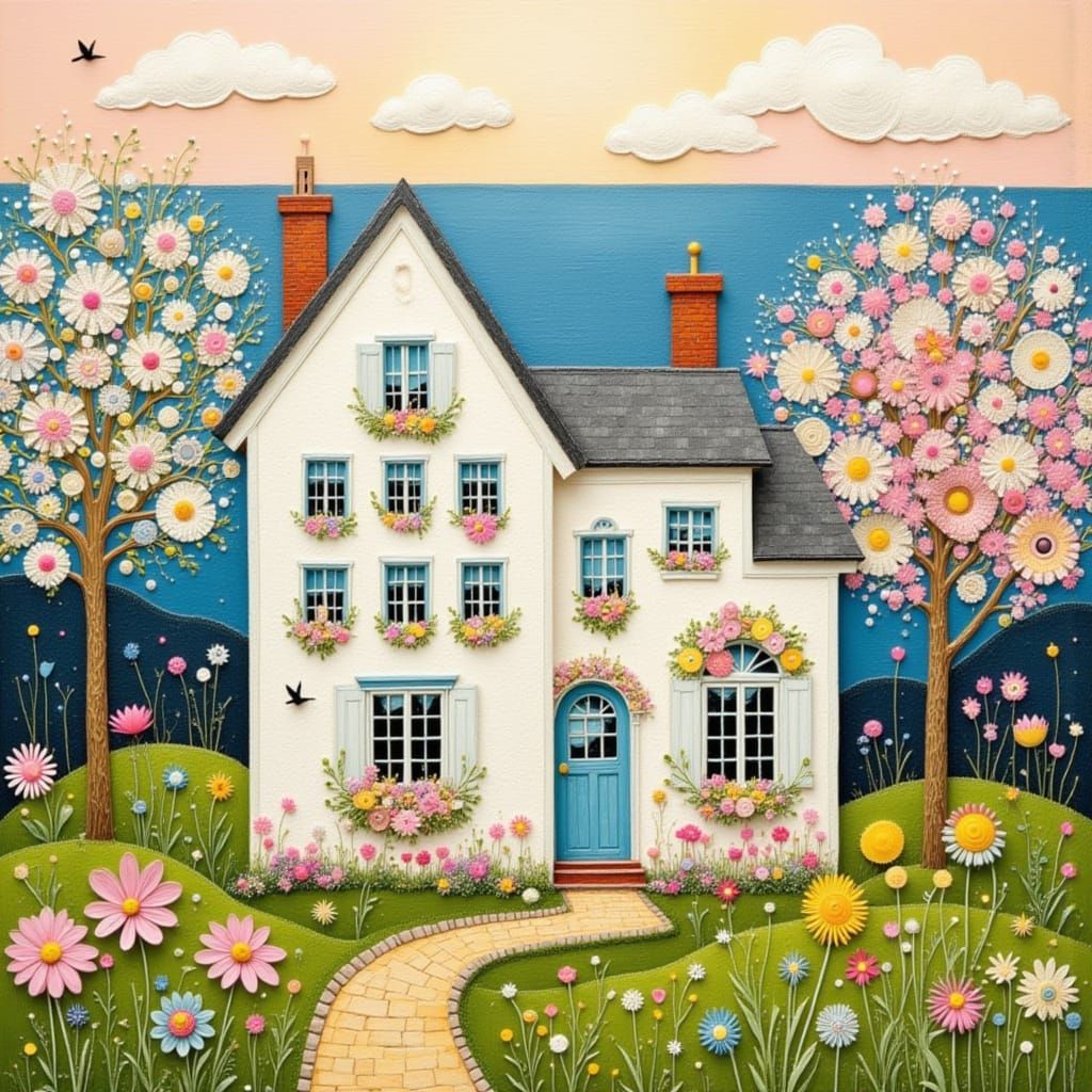 Charming Gingham House in Flower Garden by the Sea