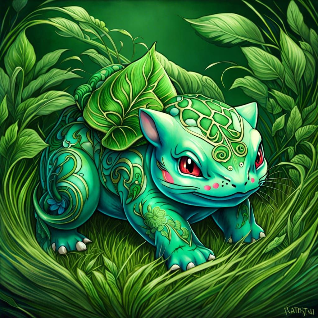 Bulbasaur with Grass Motifs in Japanese Style
