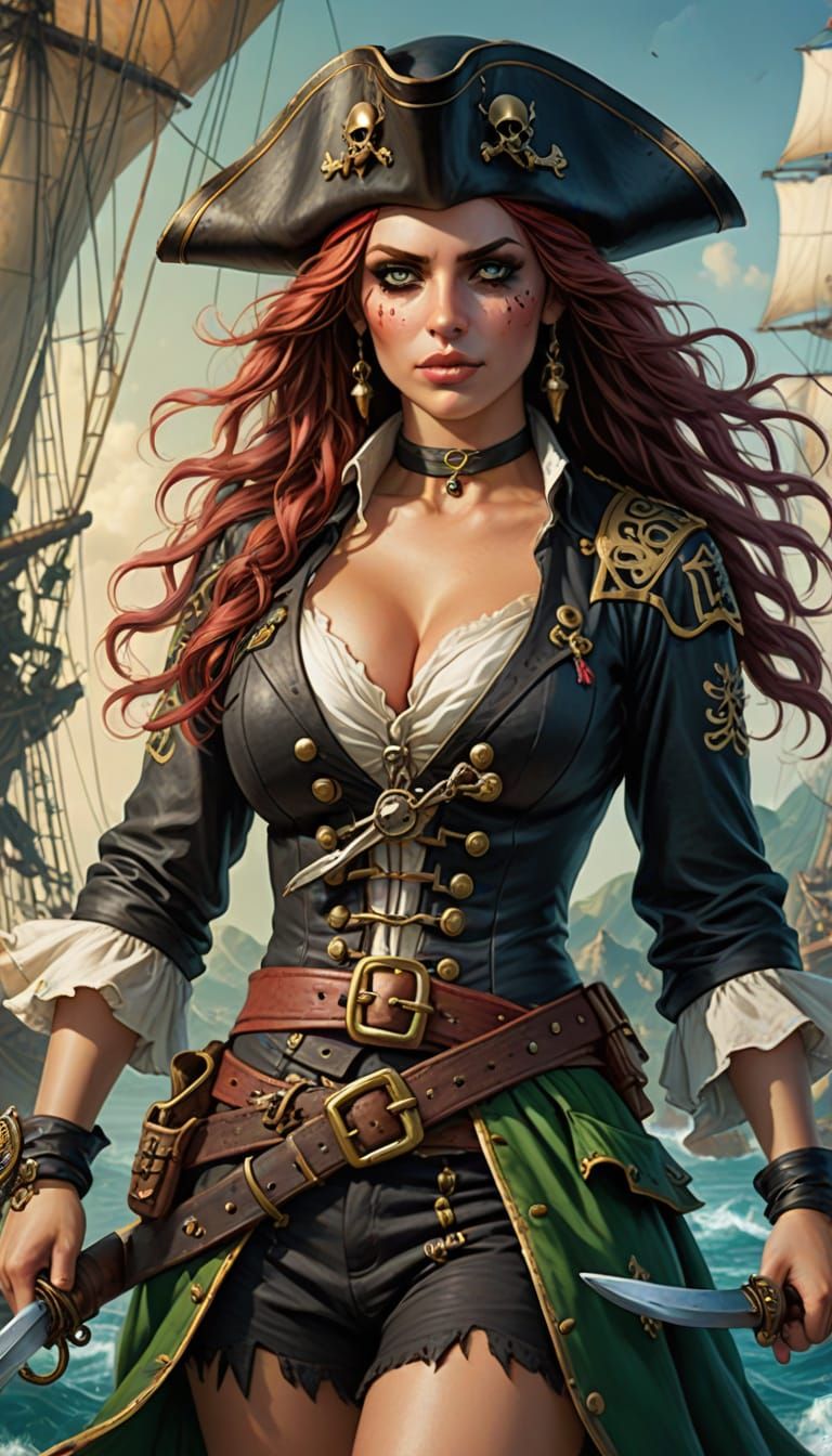 Voluptuous Pirate Woman with Green Eyes Amidst Battle