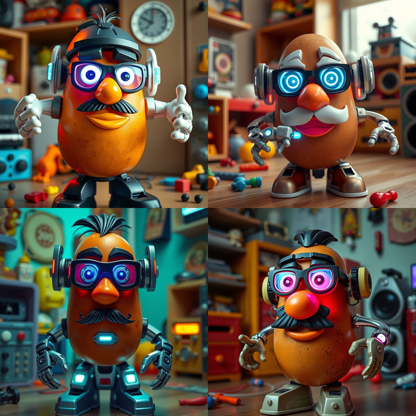 Cyborg Mr. Potato Head in a Retrofuturistic Toy Room
