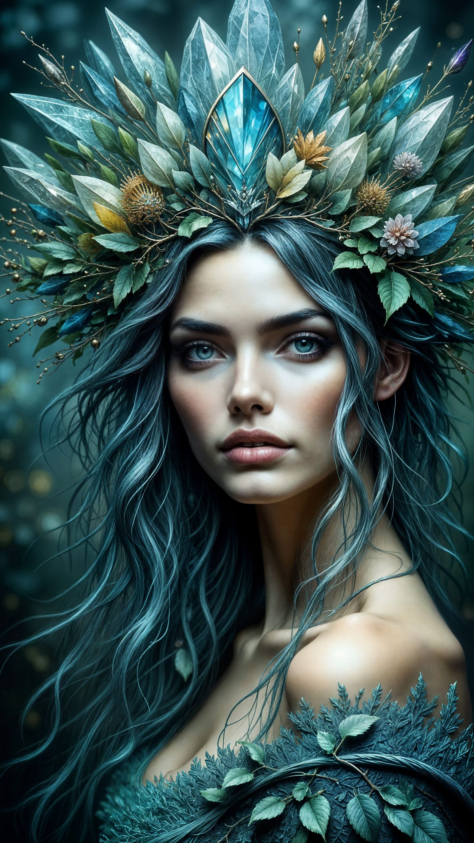 Forest Queen in Crystal Tiara Glowing in Moonlight