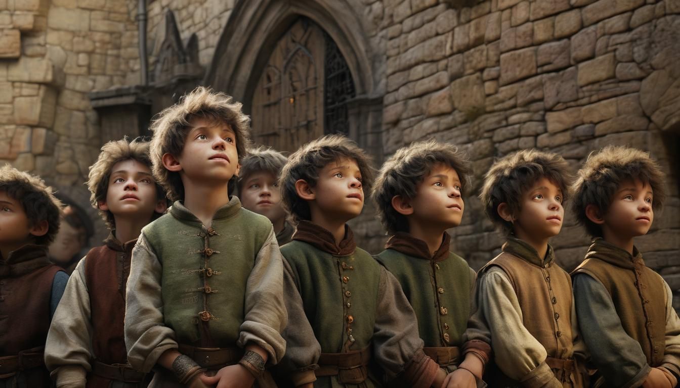 Boy Watches Goblin Singers: Hyperrealistic Castle Scene