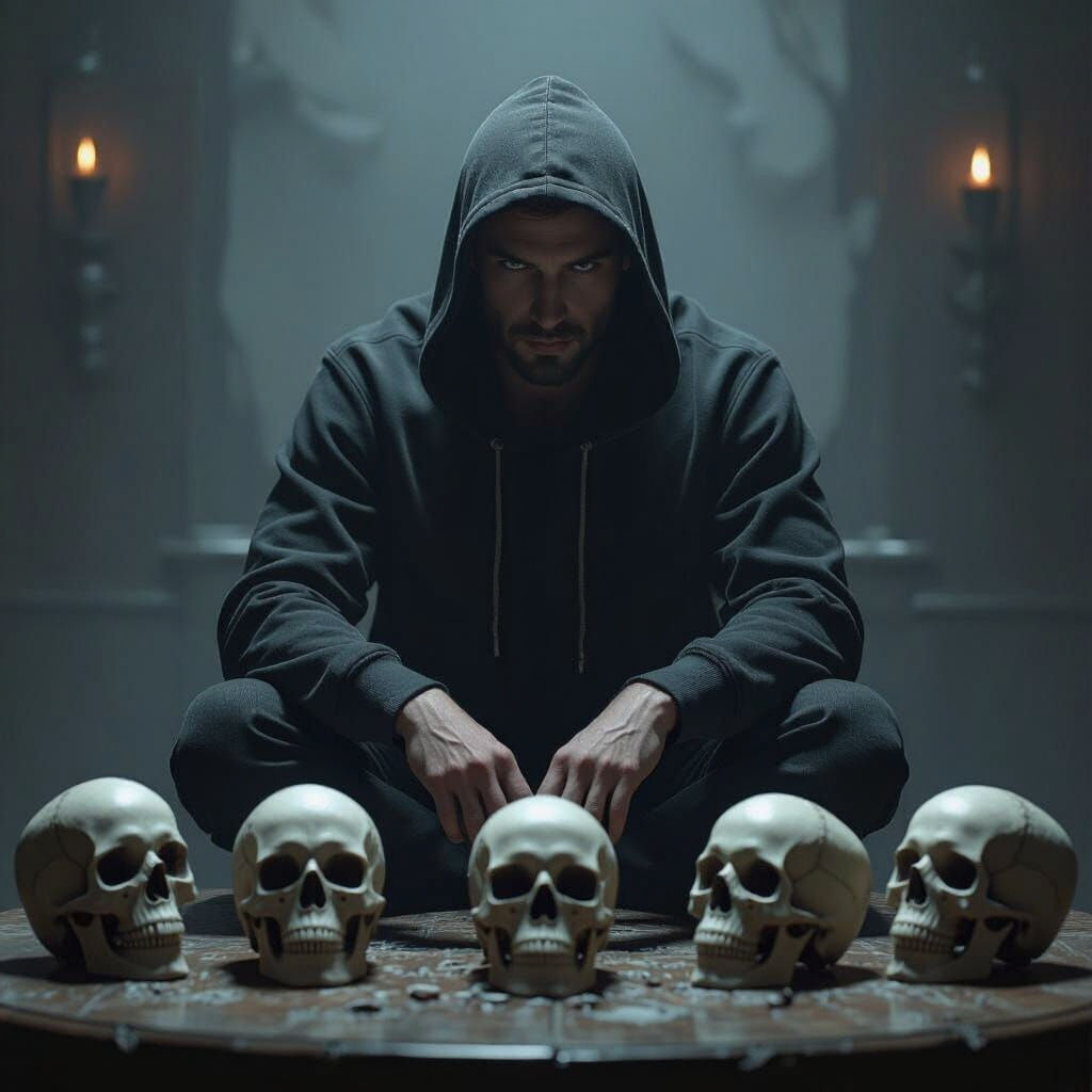 Hooded Figure with Skeleton Heads on Table