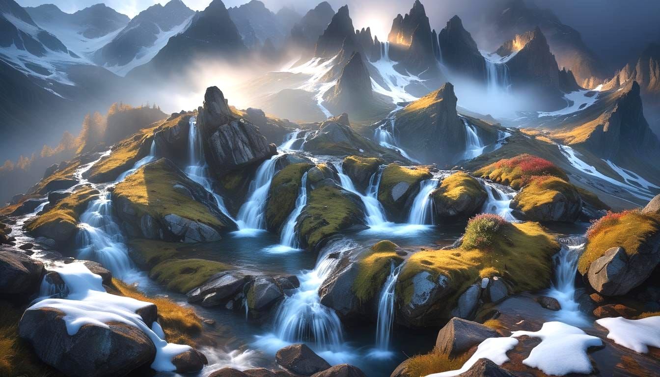 Majestic Mountain Scene with Waterfalls and Magic Light