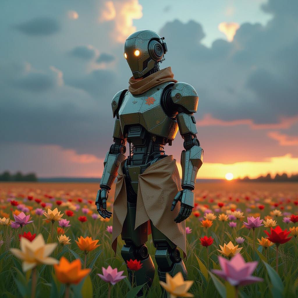 Robot in Origami Flower Field, Art Nouveau Style
