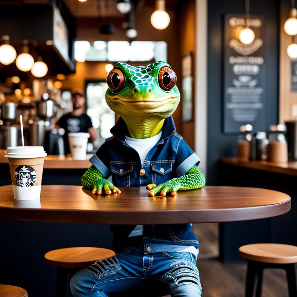 Gecko Enjoying Coffee in Jeans and T-Shirt