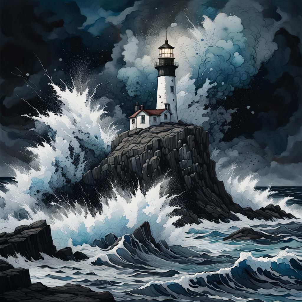Dramatic Lighthouse on Stormy Island in Ink Splatter Art