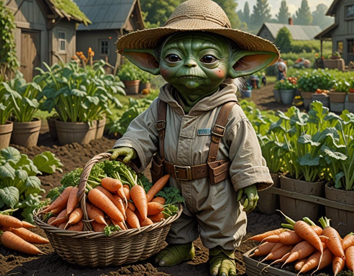 Cute Yoda Farmer with Carrot Basket in Garden
