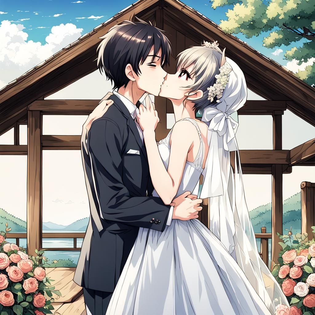 Anime Wedding Kiss in Cabin Setting