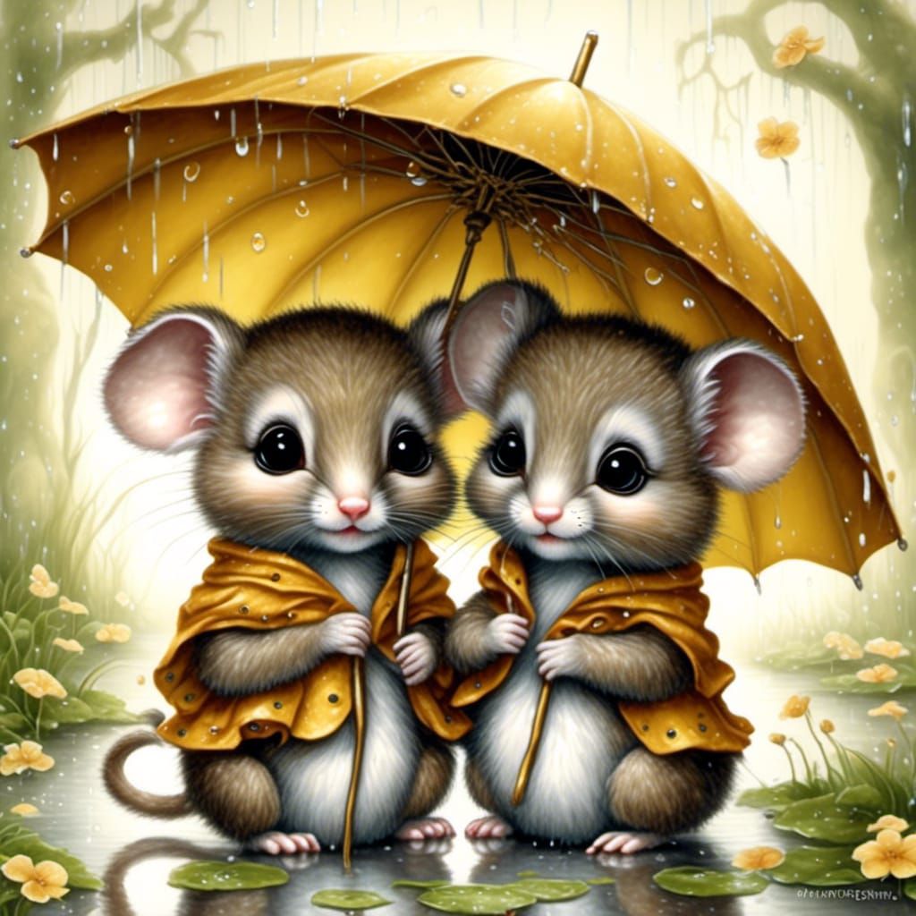 Chibi Mice Share Umbrella on Rainy Day