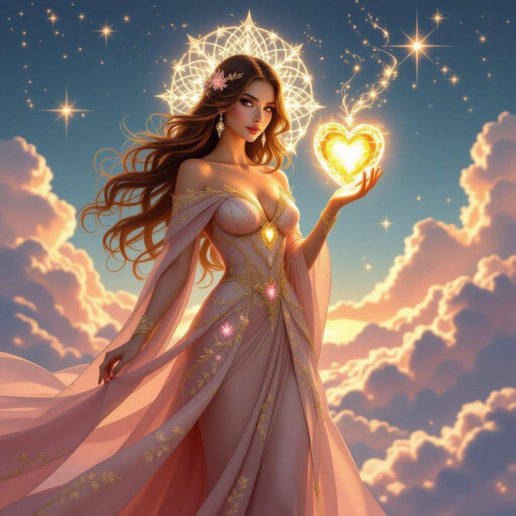 Fantasy Goddess Radiates Golden Light in Rose-Gold Splendor