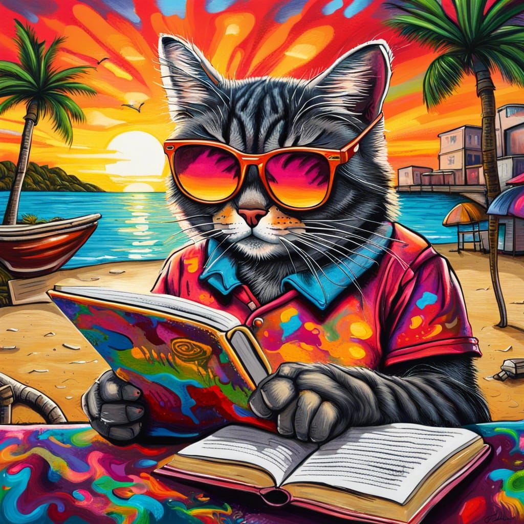 Cat Reads Book on Tropical Beach: Graffiti Art