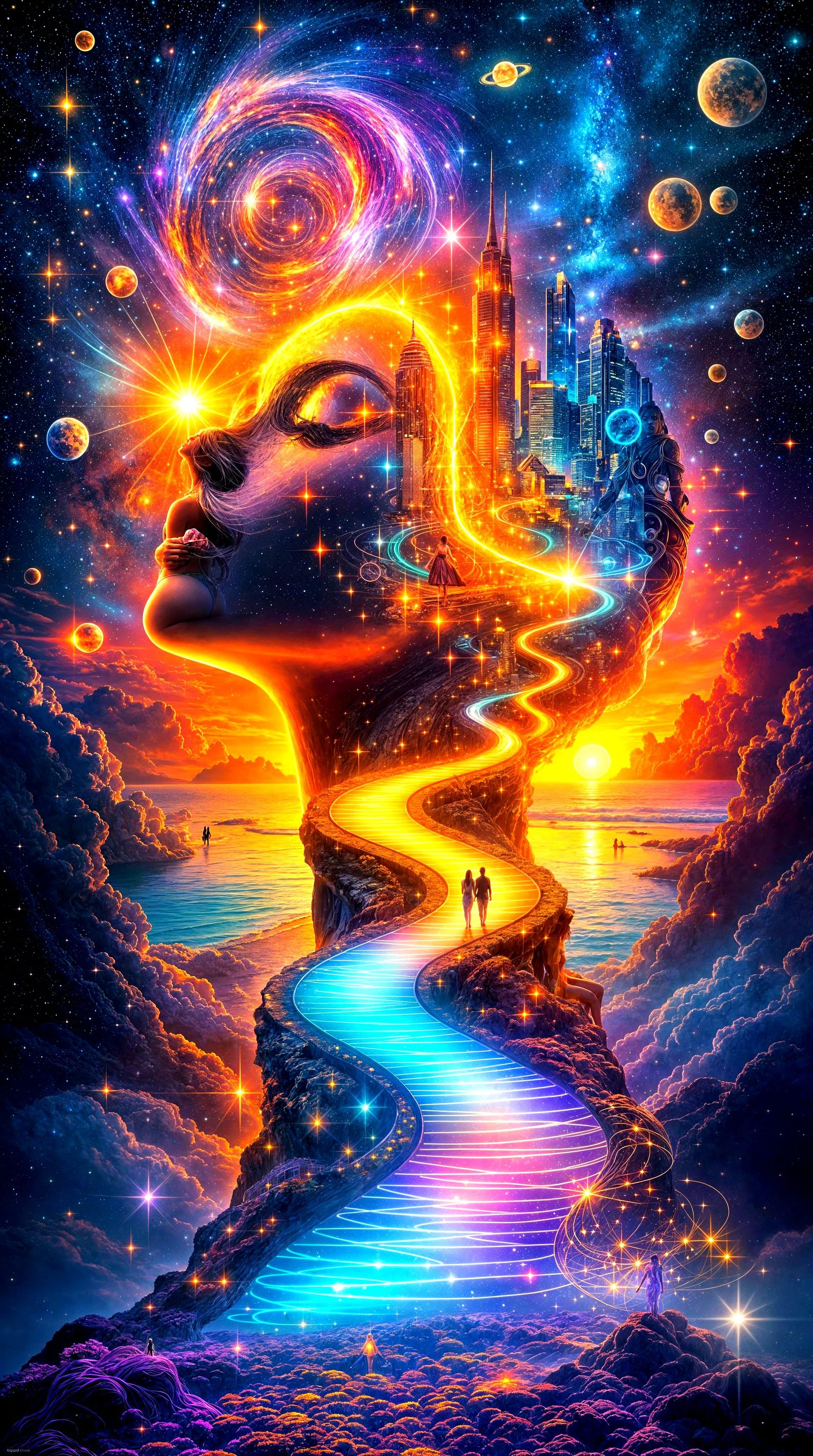 Visionary Woman Embodies Cosmic Enlightenment