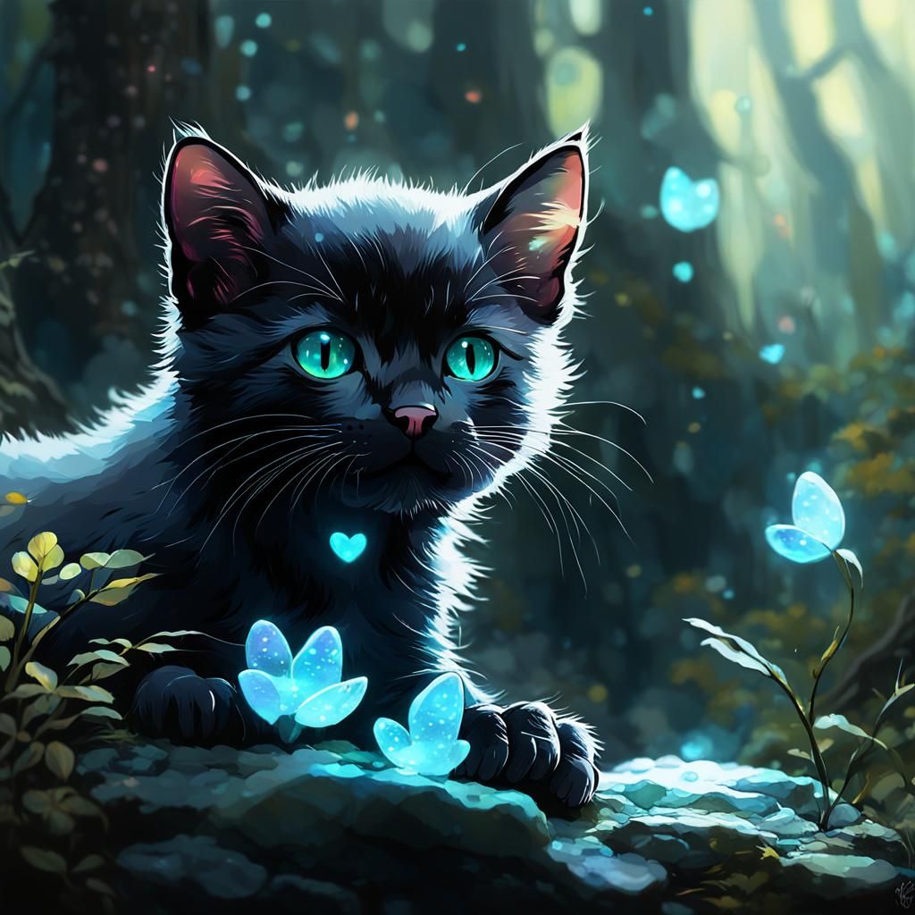 Stained Glass Black Cat in Bioluminescent Forest