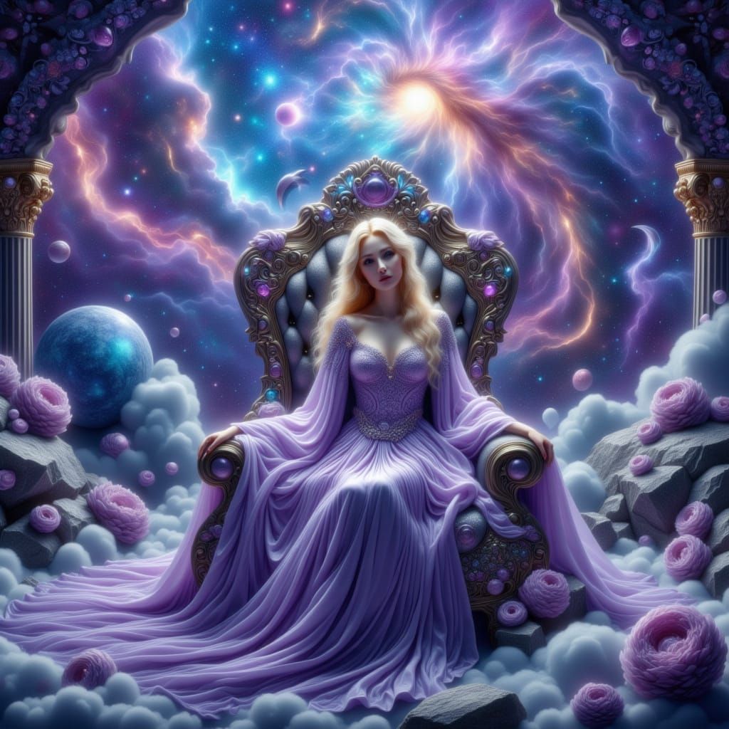 Starlight Queen on Meteorite Throne in Cosmic Realm