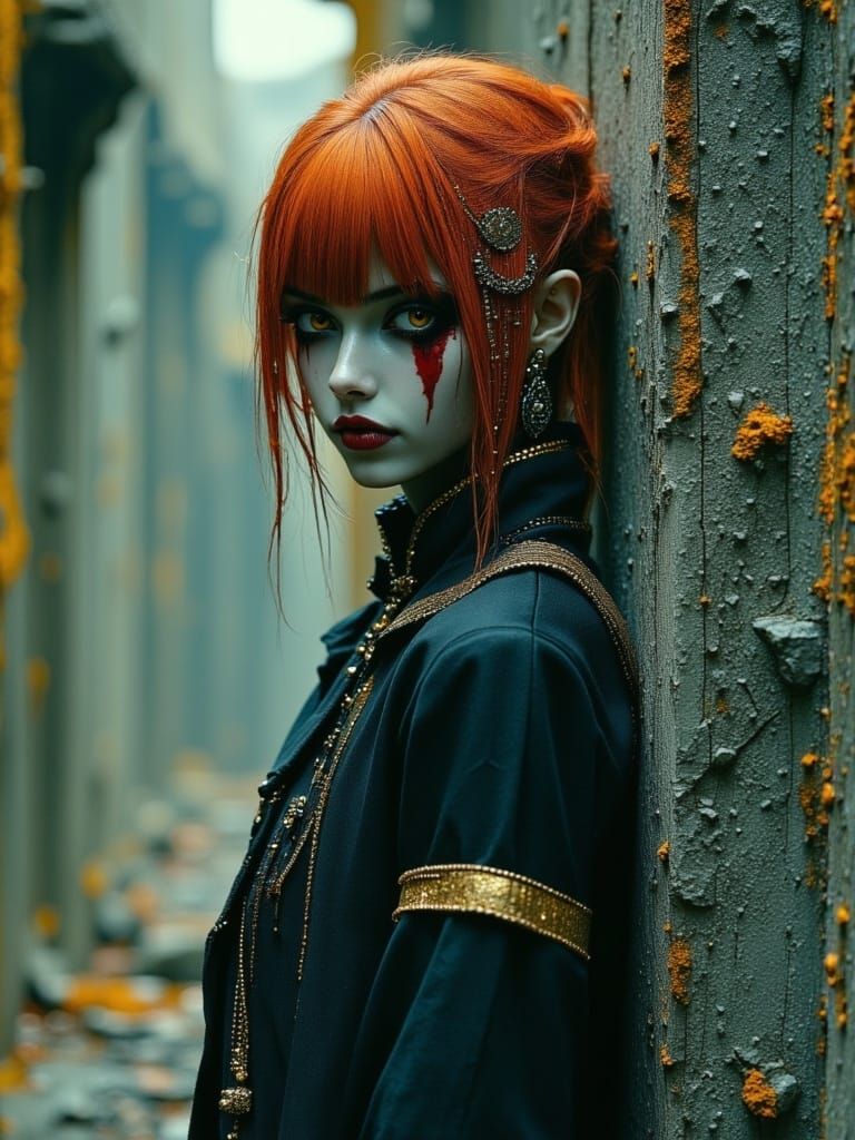 Gothic Woman with Cracked Porcelain Skin in Dark Fantasy Sty...