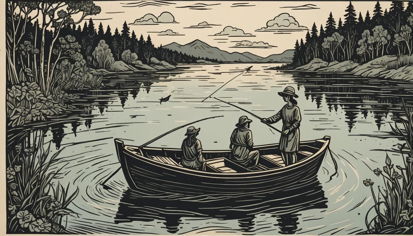 girl fishing in a boat. boat in middle of a lake, fish jumpi...