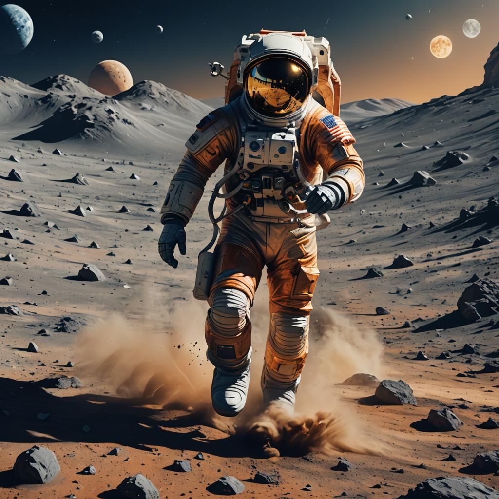 Astronaut Strides on Moon in Sci-Fi Style