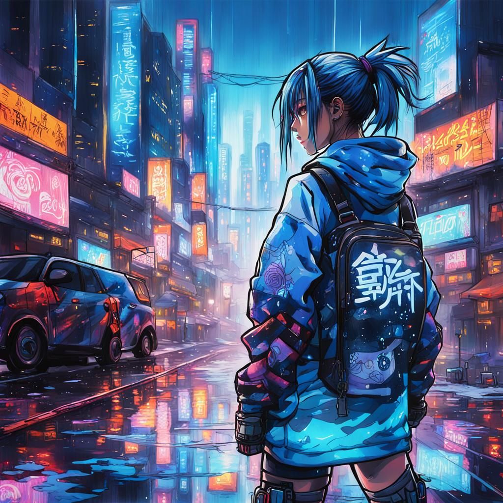 Cyberpunk Kunoichi Overlooking Megacity in Anime Style