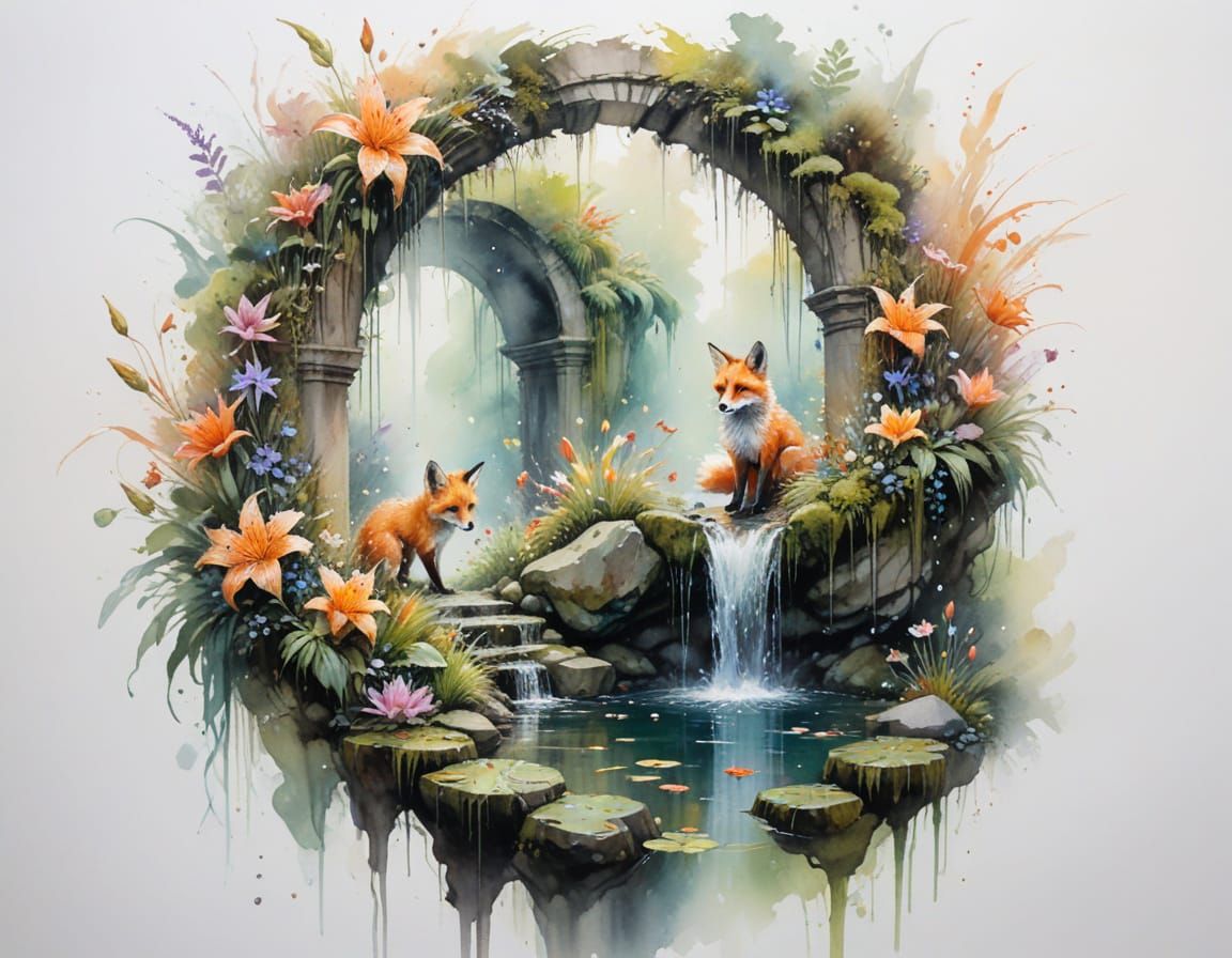 Crystal Waterfall Glade with Winged Foxes in Watercolour