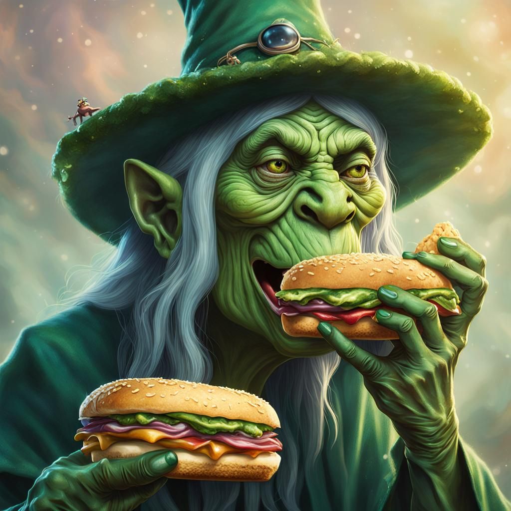 Ugly Green Witch Enjoys Frog Sandwich