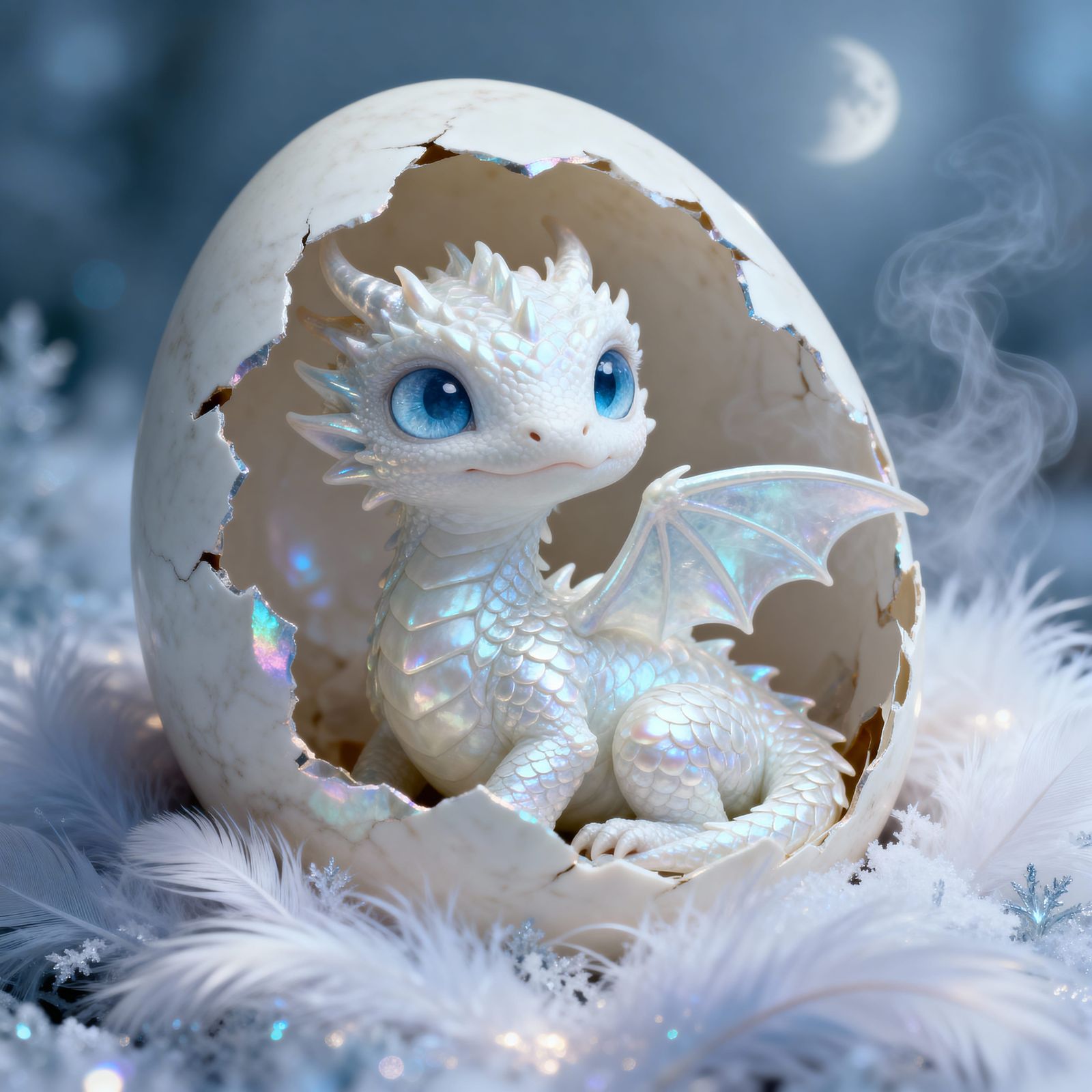 Newborn Pearl Dragon Hatching from Alabaster Egg