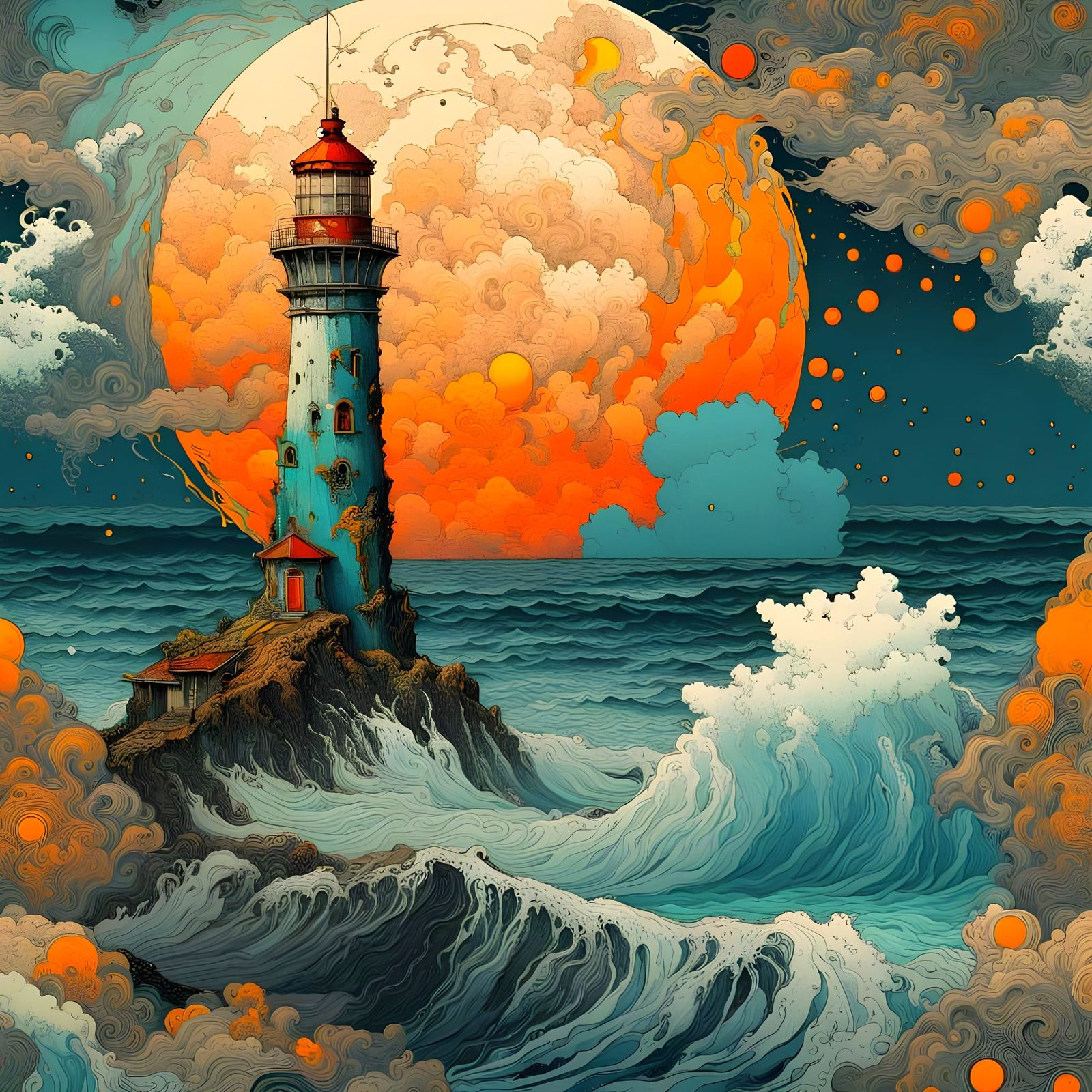 Surreal Lighthouse in Stormy Oceanscape with Glowing Orbs