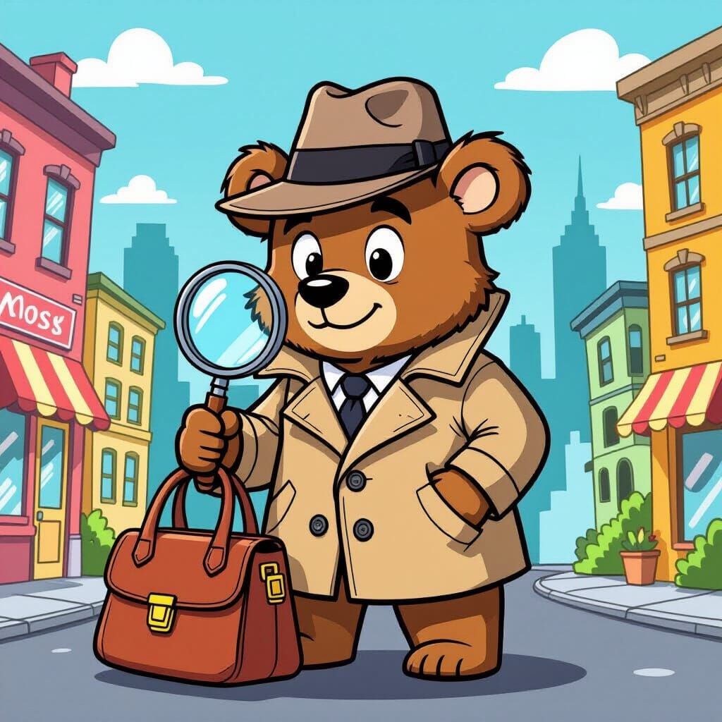 Cartoon Bear Detective Investigates Stolen Bag