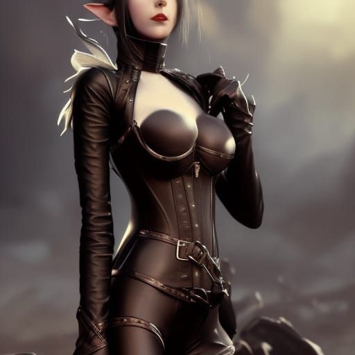 Elf Girl in Leather Catsuit: Dark Fantasy Art