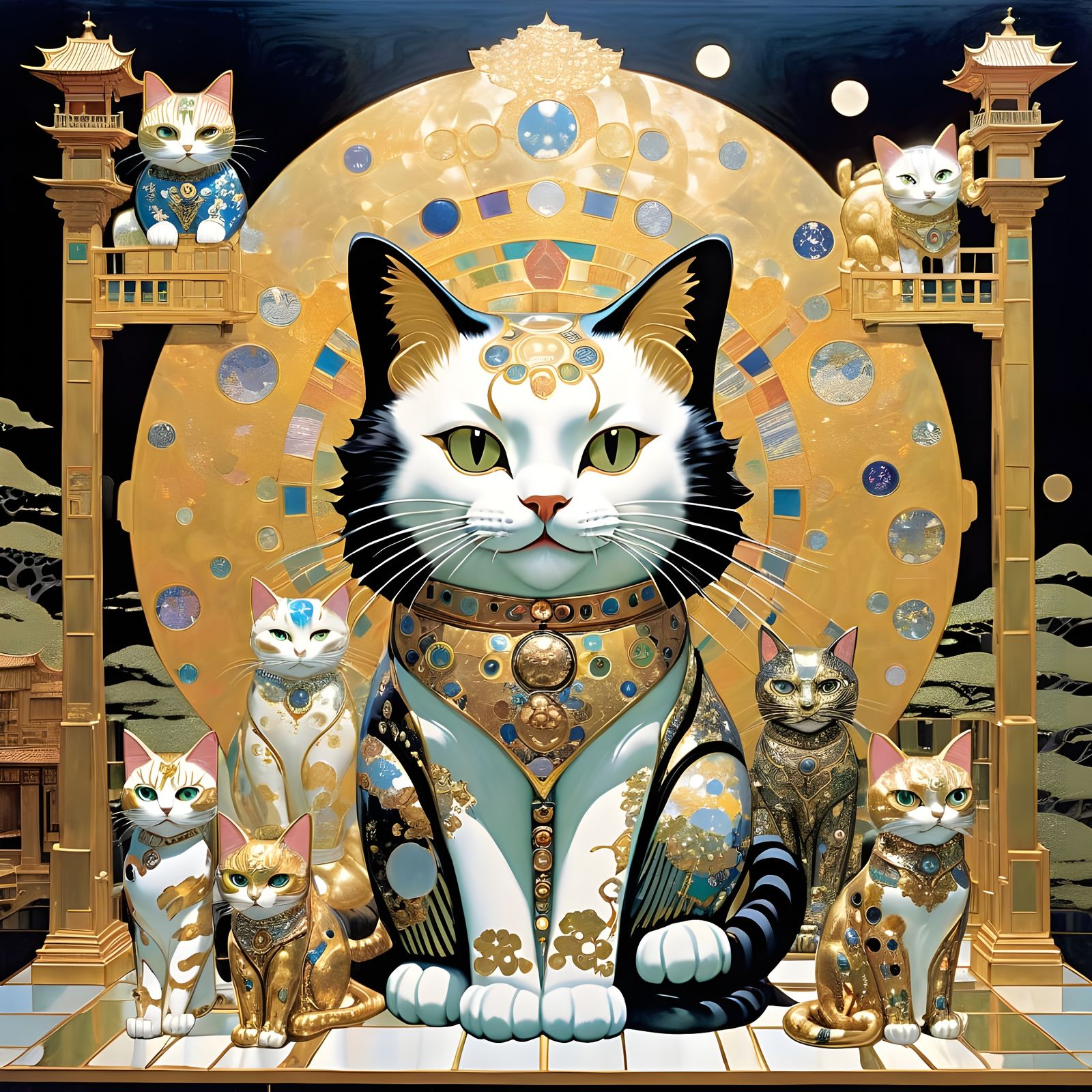 Monumental Mirrored Cats Radiating Joy