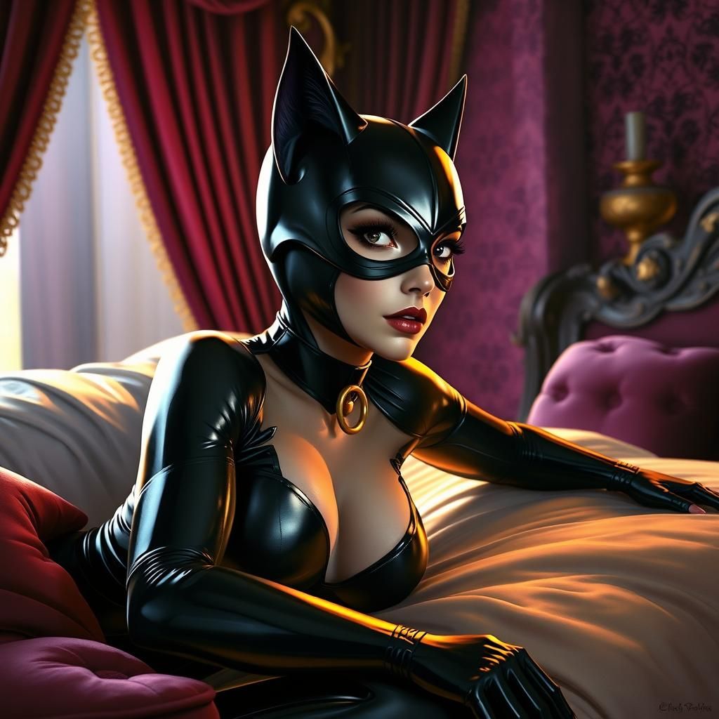 Catwoman stretched out on a bed waiting for batman to enter .