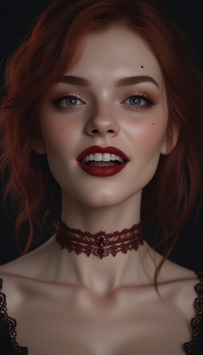 Auburn vampire smile show the teeth, she wear gothic outfit